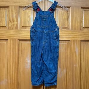 OshKosh B'gosh Classic Plaid Flannel Lned Blue Denim Overalls EUC 3T